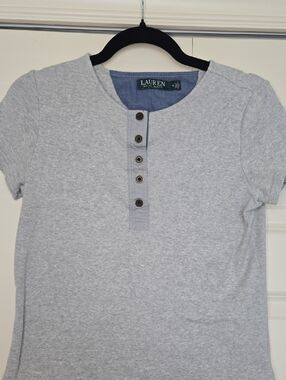 Lauren Ralph Lauren Gray Henley Top Short Sleeve Cotton Casual Tee Size M